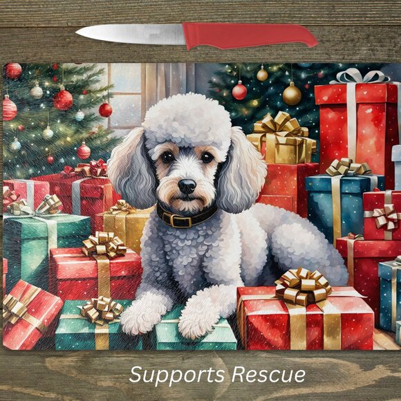Christmas White Miniature Poodle Kitchen Tempered Glass Cutting Board or Trivet - Picture 1 of 1